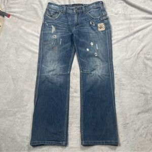 Y2K Affliction Black Premium Blake Jeans Men 34x31 Distressed Relaxed Straight